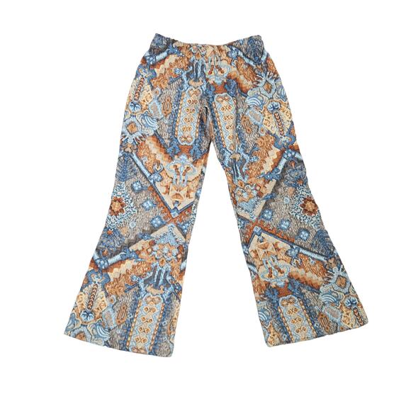 Vintage blue and brown tapestry print low rise flare pants S - Picture 3 of 3
